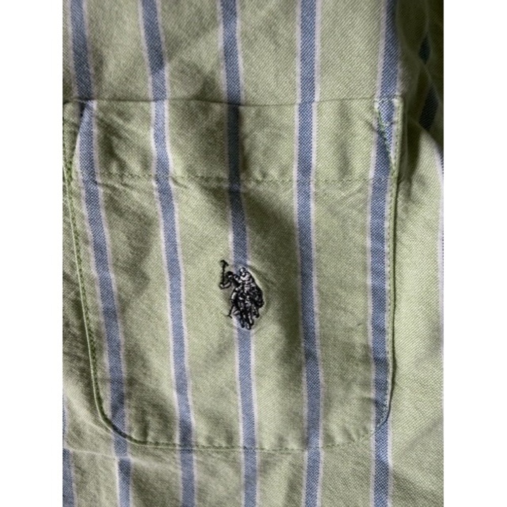 US Polo Assn Kids Large Green Blue Striped Long Sleeve Button Down Shirt Cotton - Picture 2 of 5